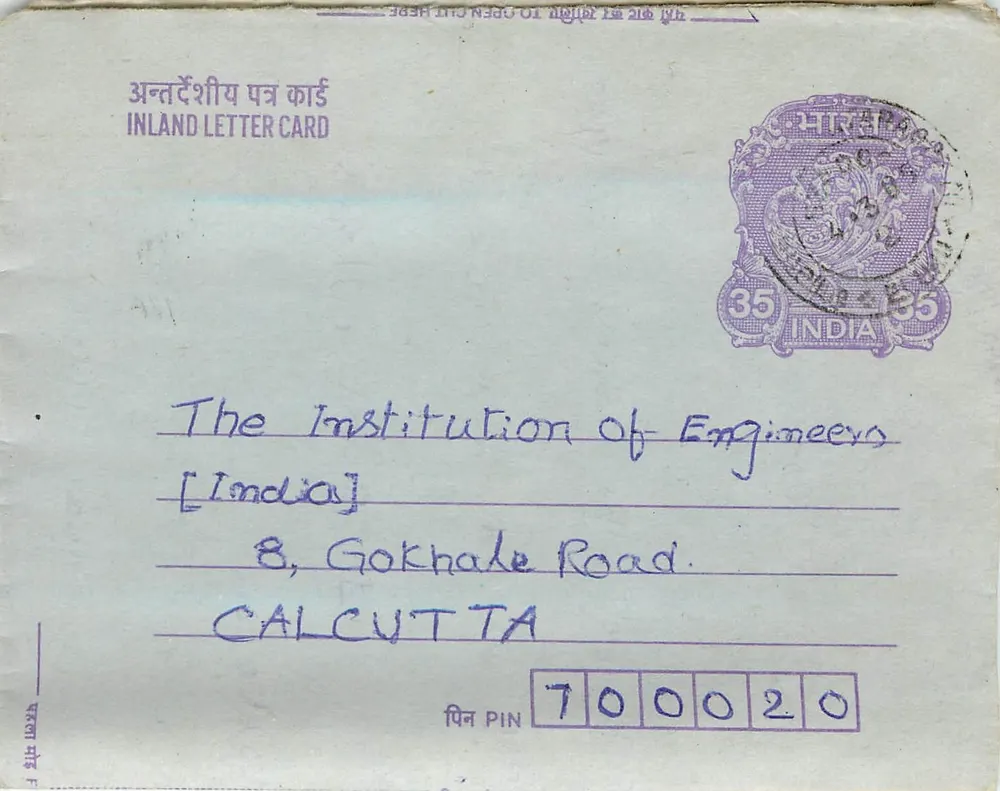 Carta postal interna indiana — Calcutá — editor não visível - Frente