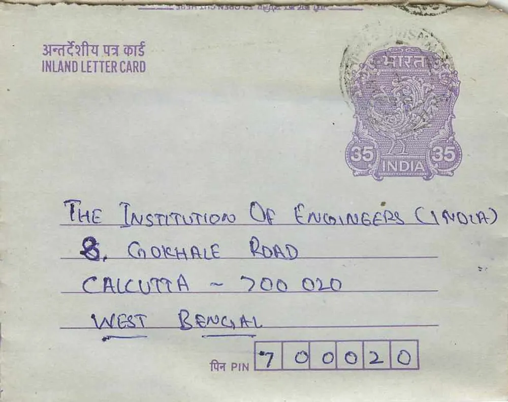 Carta postal interior indiana — Institution of Engineers (India) — Calcutta - Frente