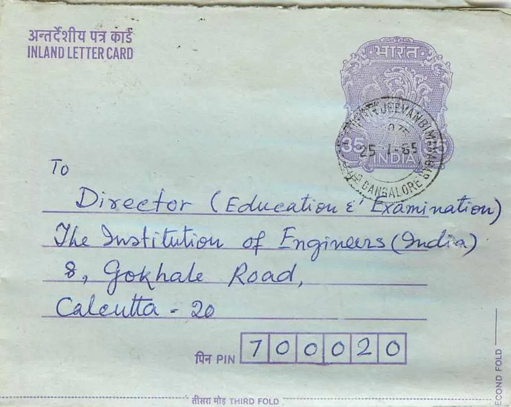Carta postal interna indiana — Bengalure, 1948 — destinada à Instituição dos Engenheiros da Índia em Calcutá - Frente