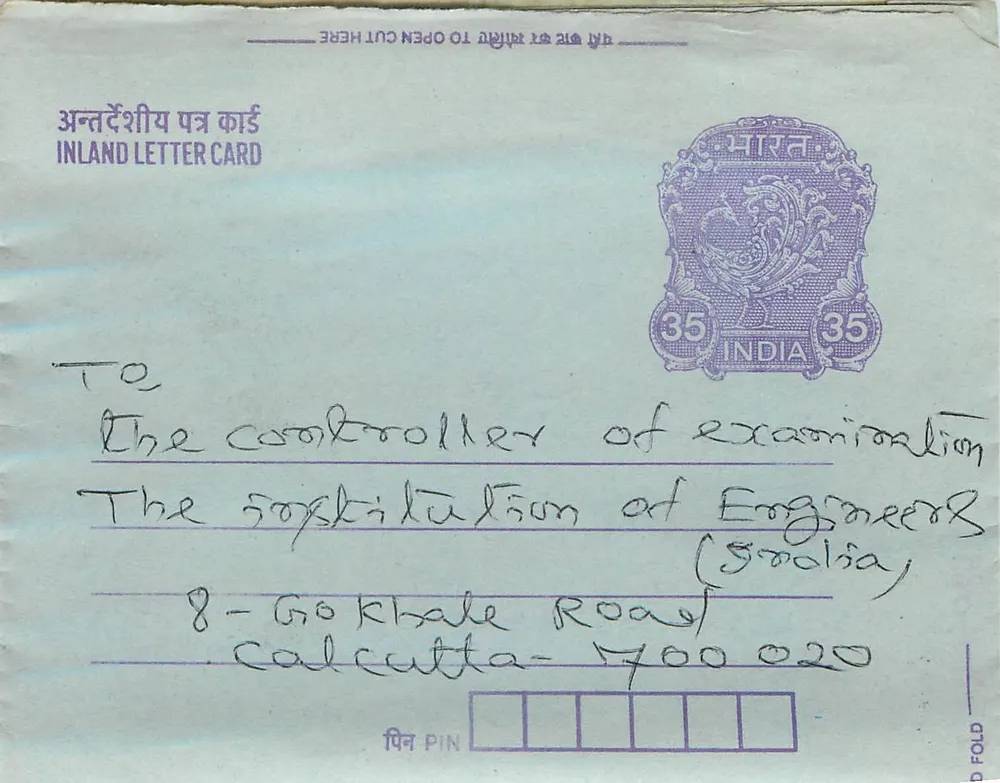 Carta postal interna indiana — selo de 35 annas — destinada à Instituição dos Engenheiros (Goolia) em Calcutta - Frente