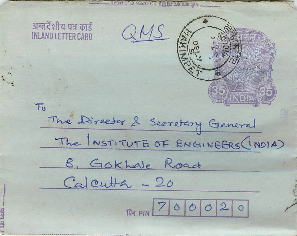Carta postal interna indiana — Hamipet — 35 annas — destinada ao Instituto dos Engenheiros da Índia em Calcutá - Frente