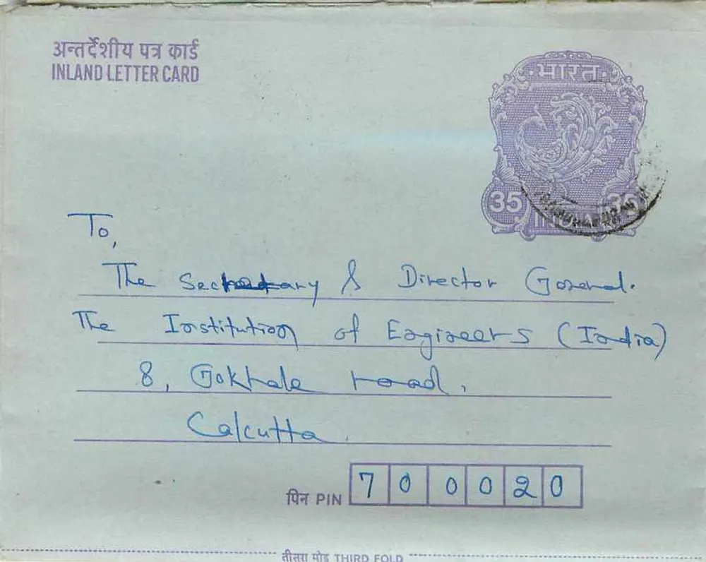 Carta postal interior indiana — Institution of Engineers (India) — Calcutta - Frente