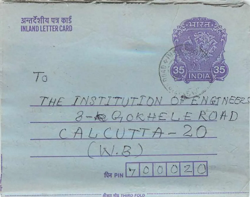 Carta postal interna indiana — Institution of Engineers, Calcutta — selo de 35 annas - Frente