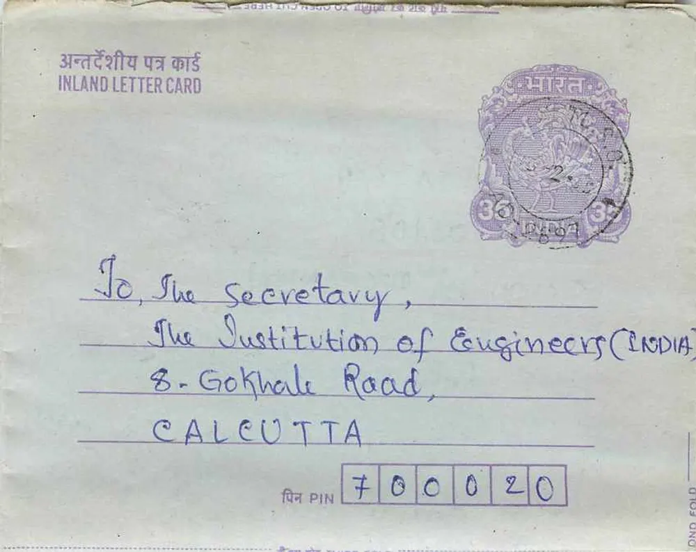 Carta postal interior indiana — Gandhi — destinada à Institution of Engineers (INDIA) em Calcutta - Frente
