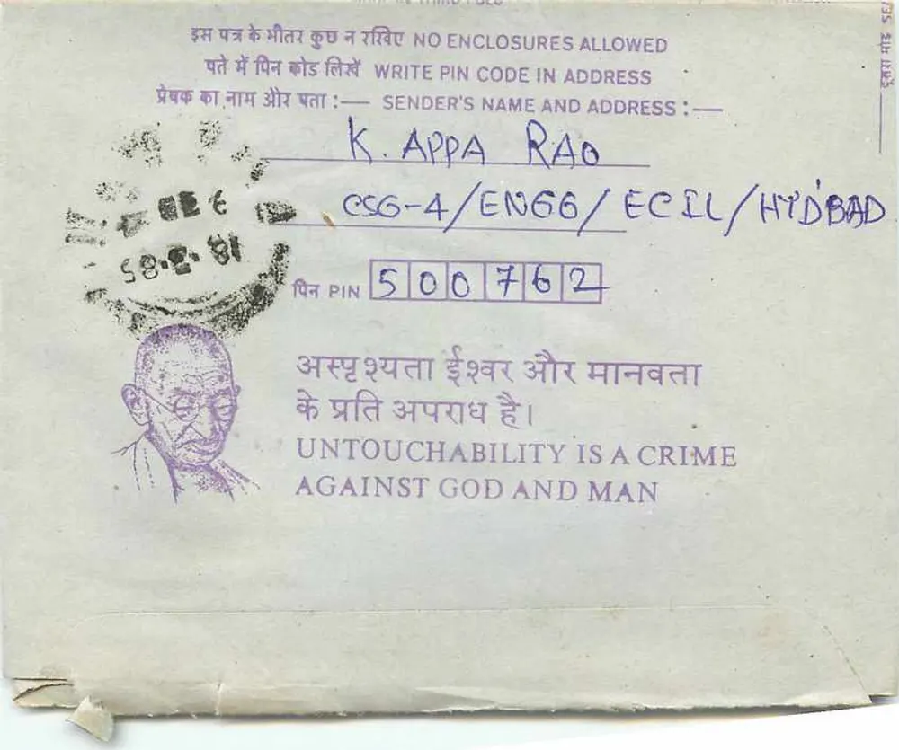 Carta postal interior indiana — Gandhi — destinada à Institution of Engineers (INDIA) em Calcutta - Verso
