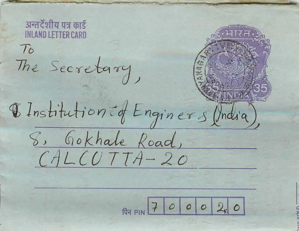 Carta postal interna indiana — Gandhi — Instituição de Engenheiros (Índia) — Calcutá - Frente