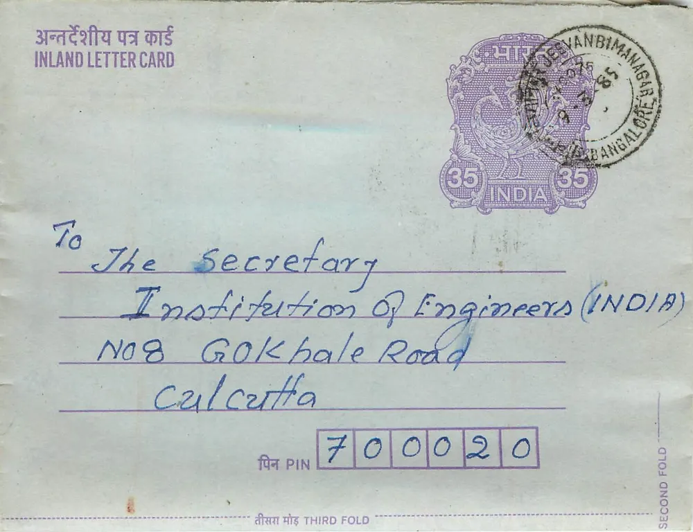 Carta postal interna indiana — Bengaluru, 1937 — editor não visível - Frente