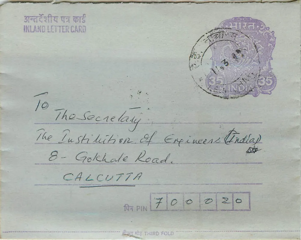Carta postal interna indiana — G. Venudere, Hyderabad — Institution of Engineers (India), Calcutta - Frente