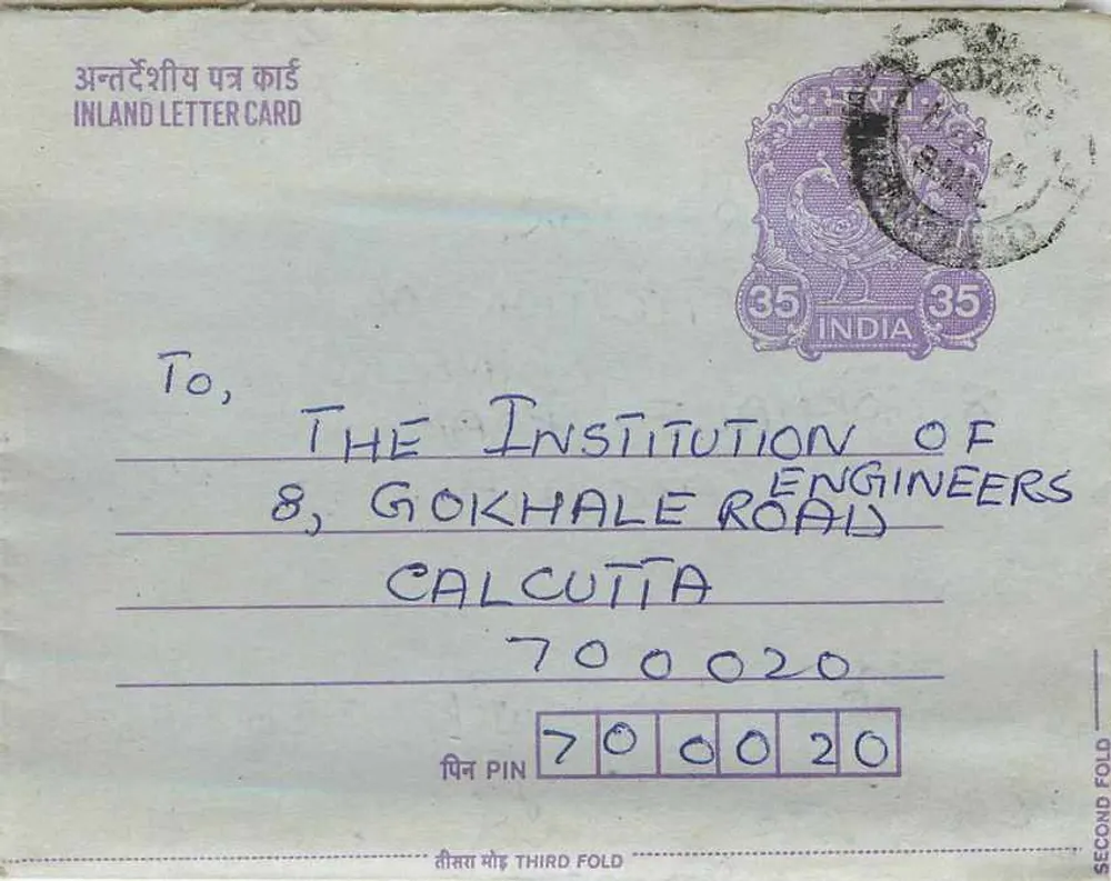 Carta postal interna indiana — Institution of Engineers, Calcutta — selo de 35 annas - Frente