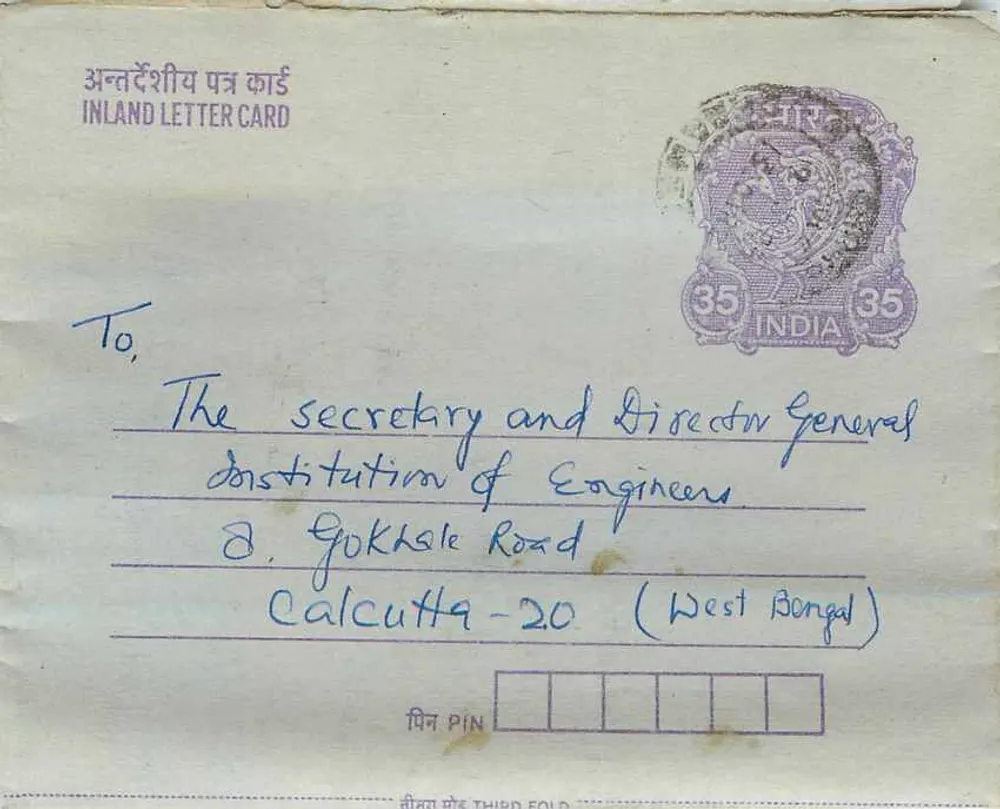 Carta postal interior indiana — Instituto de Engenheiros, Calcutá — selo de 35 anos - Frente