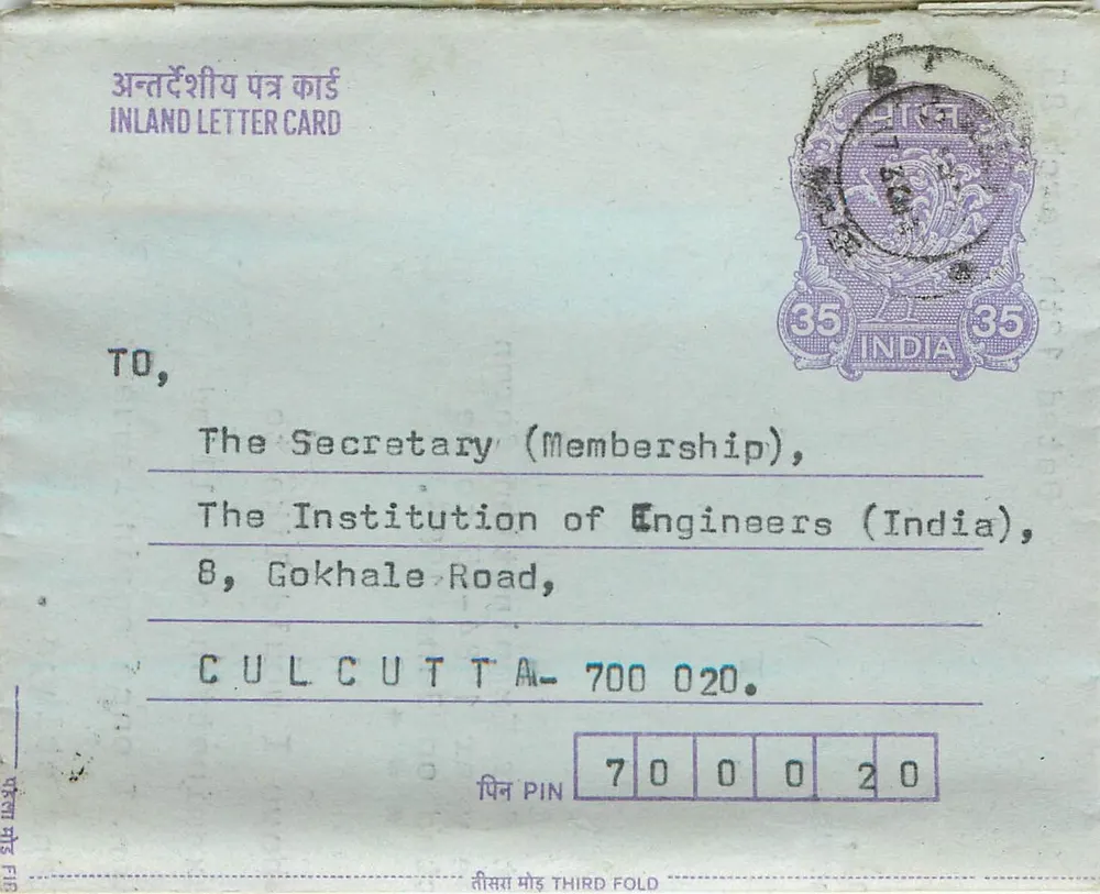 Carta postal interna — Institution of Engineers (India), Calcutta — selo de 35 annas - Frente
