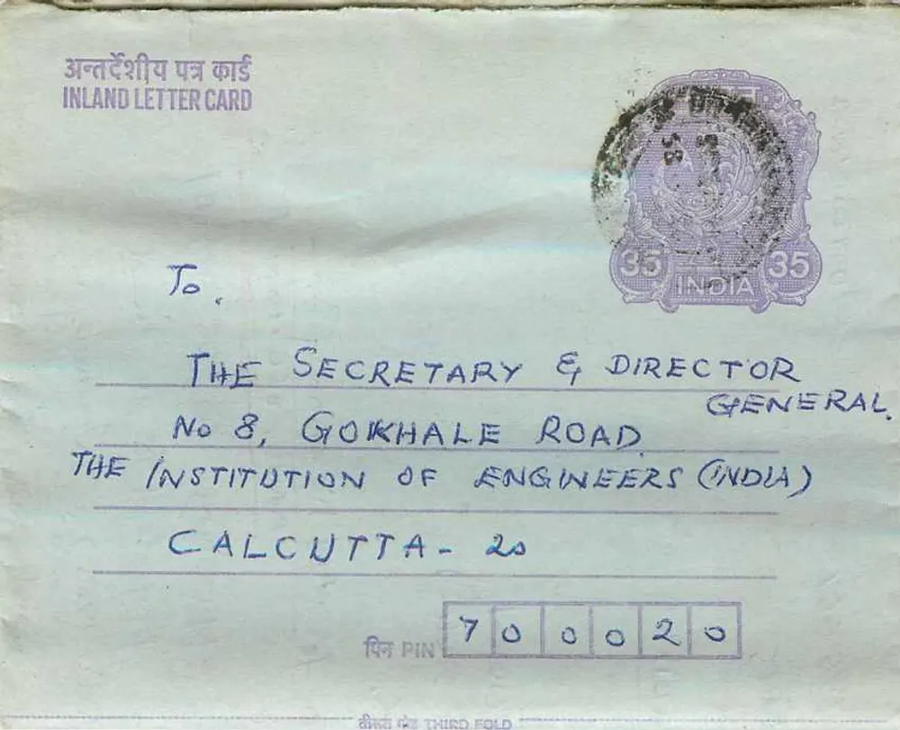 Carta postal interna indiana — Institution of Engineers (India) — V. Venkata Krishnan - Frente