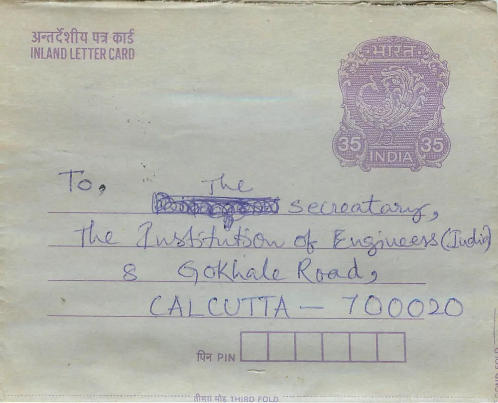 Carta postal interna indiana — 35 annas — destinada à Institution of Engineers (India) em Calcutta - Frente