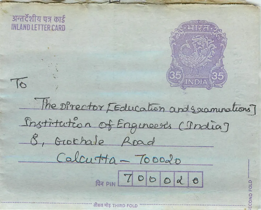 Carta postal interna indiana — Institution of Engineers (India) — 35 annas - Frente