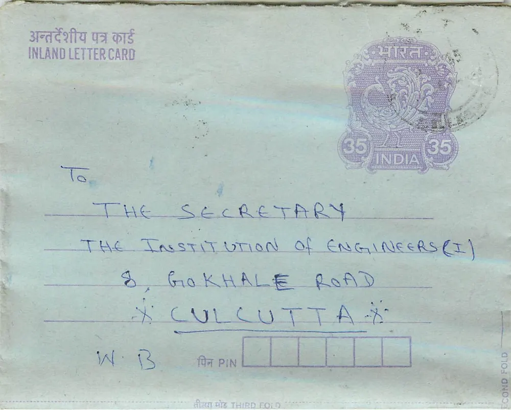 Carte postale interior indiana — Gandhi — 35 annas — destinada à Instituição dos Engenheiros (I) em Calcutá - Frente