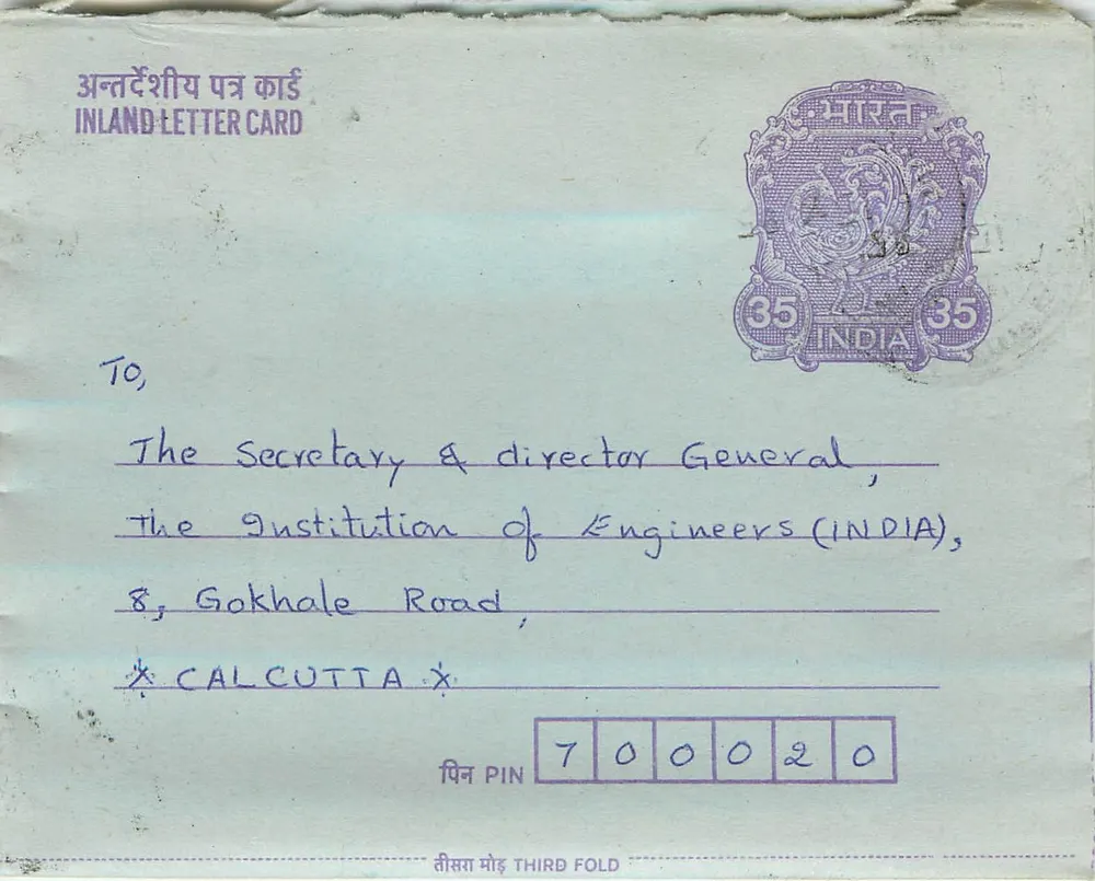 Carta postal interna indiana — Institution of Engineers (INDIA), Calcutá — selo de 35 annas - Frente