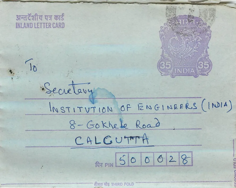 Carta postal interna — Institution of Engineers (India) — Calcutta — N.M. Raju, K.D.R. Govt Polytechnic, Wankaner - Frente