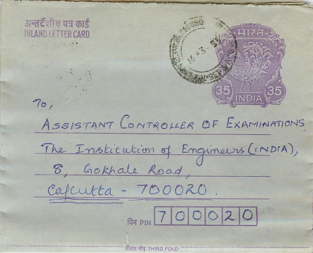 Carta postal interna indiana — Gandhi — destinada à Instituição dos Engenheiros (Índia) em Calcutá — selo 35 anos - Frente