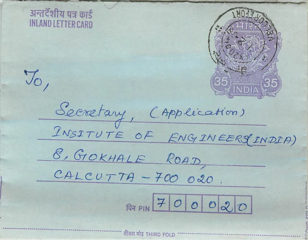 Carta postal interna indiana — Instituto dos Engenheiros da Índia, Calcutá — selo de 35 annas - Frente