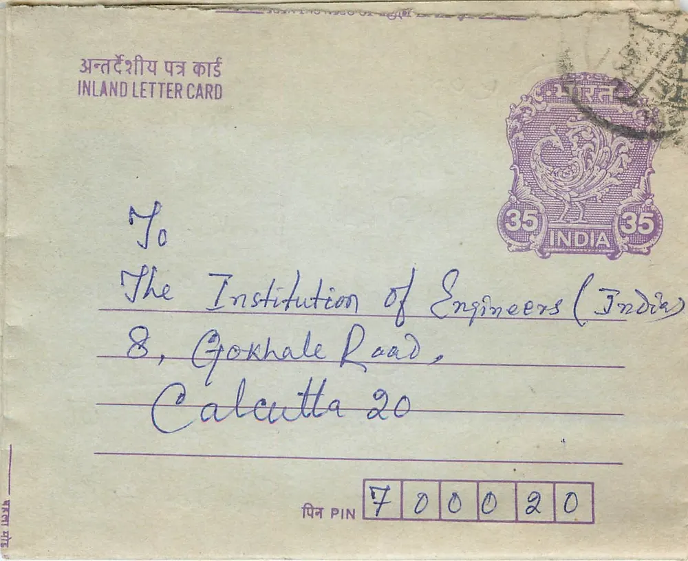 Carta postal interna indiana — Institution of Engineers (India), Calcutta — editor não visível - Frente