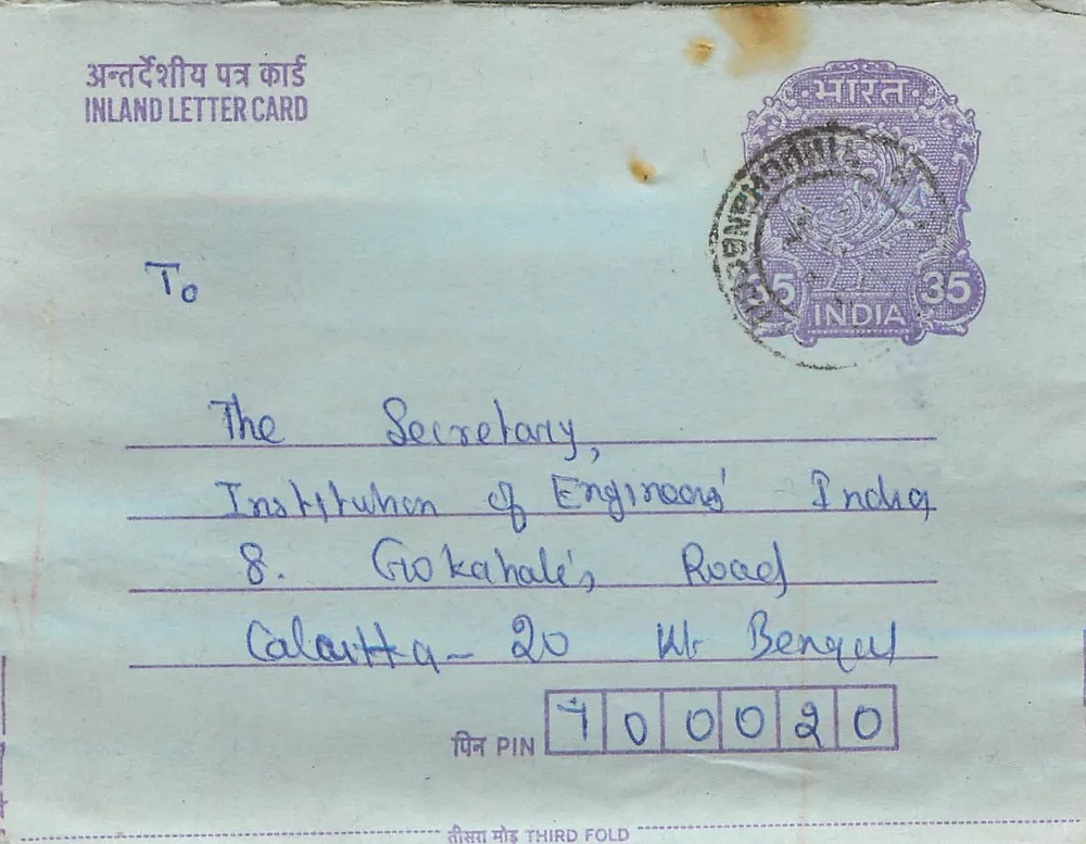 Carta postal interna indiana — Institution of Engineers' India — Calcutta — 1947 - Frente