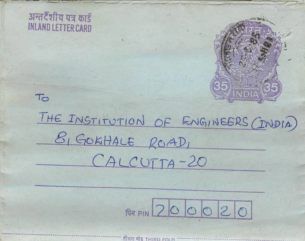 Carta postal interna indiana — Gandhi — destinada à Instituição de Engenheiros da Índia em Calcutá - Frente