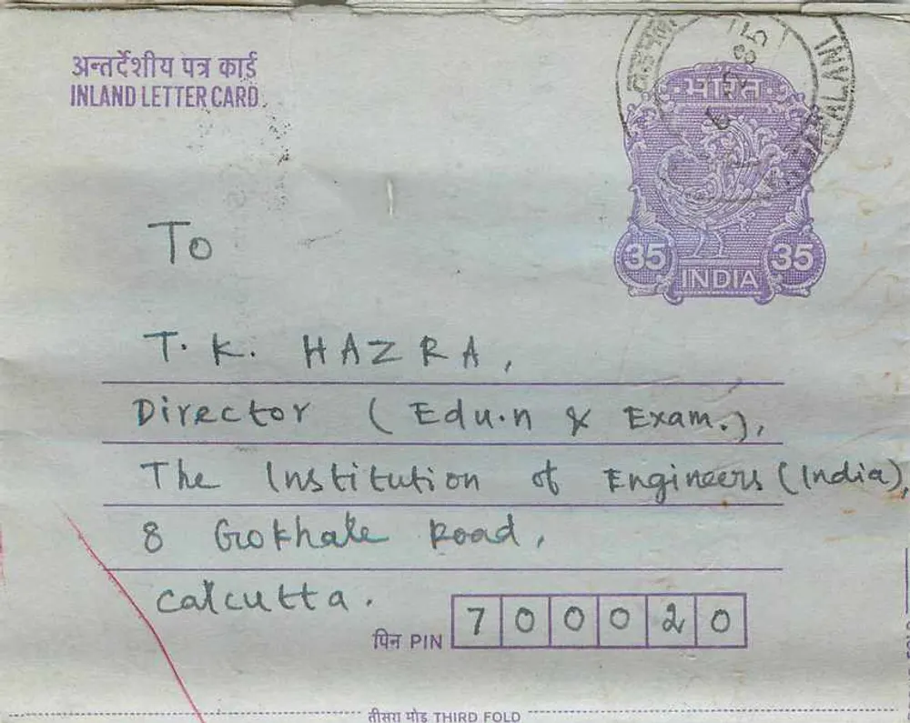 Carta postal interna indiana — T.K. Hazra, Calcutá — selo de 35 annas - Frente