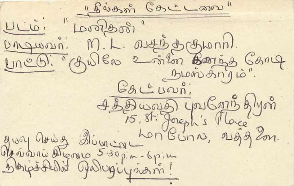Cartolina postale Sri Lanka — testo in tamil — editore sconosciuto, numero di serie non visibile - Verso