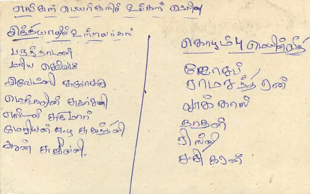Carta postal Sri Lanka — texto em tâmil — selo de 75 centavos com obliteração - Verso