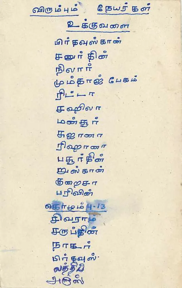Sri Lanka — carta postal com selo e texto em tâmil - Verso