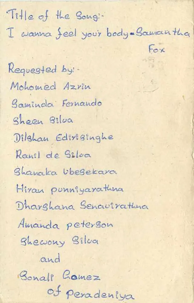 Carta postal do Sri Lanka — solicitação de música — editor desconhecido - Verso