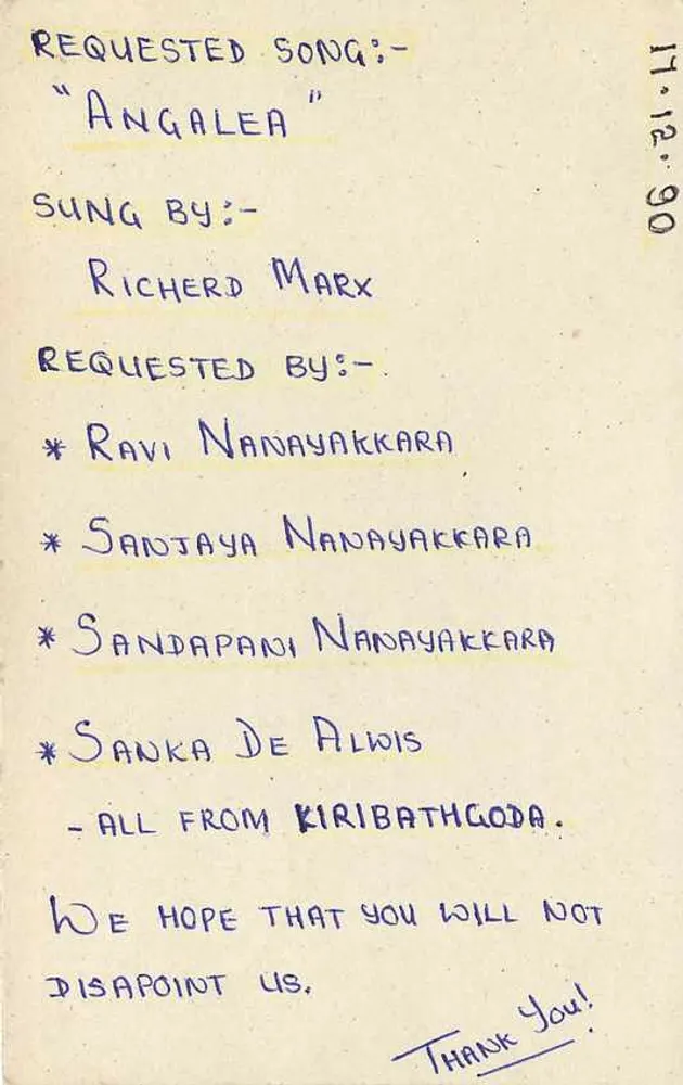 Carta postal Sri Lanka — solicitação de música — editor desconhecido, número de série não visível - Verso