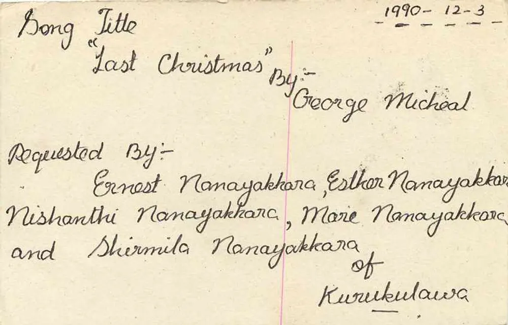 Carta postal do Sri Lanka — solicitação de música — editor desconhecido - Verso