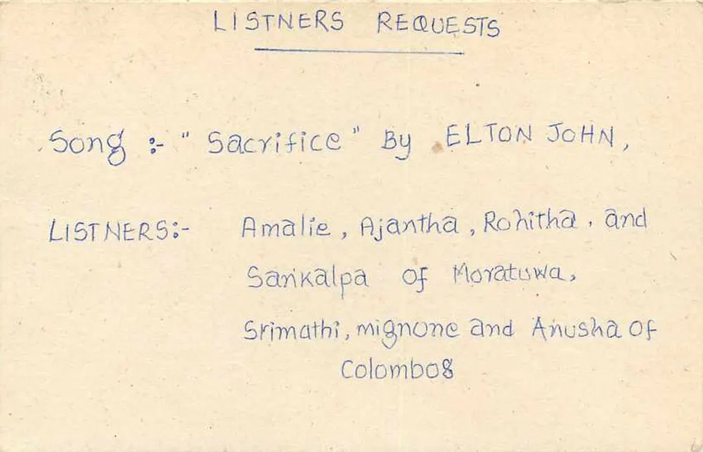 Pedidos dos ouvintes — Serviço em inglês, Corporação de Rádio do Sri Lanka — Colombo 7 - Verso