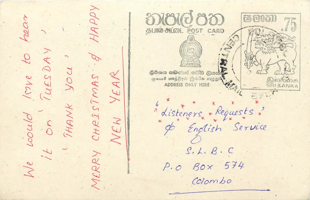 Carta postal de Sri Lanka — solicitação de música para um serviço de rádio — editor S.L.B.C. - Frente
