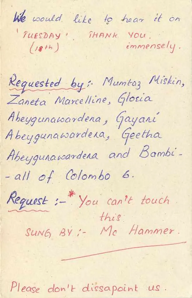 Carta postal de Sri Lanka — solicitação de música para um serviço de rádio — editor S.L.B.C. - Verso