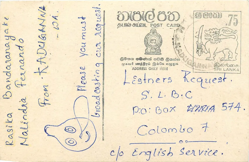 Carta postal Sri Lanka — solicitação de difusão de rádio — editor S.L.B.C. - Frente