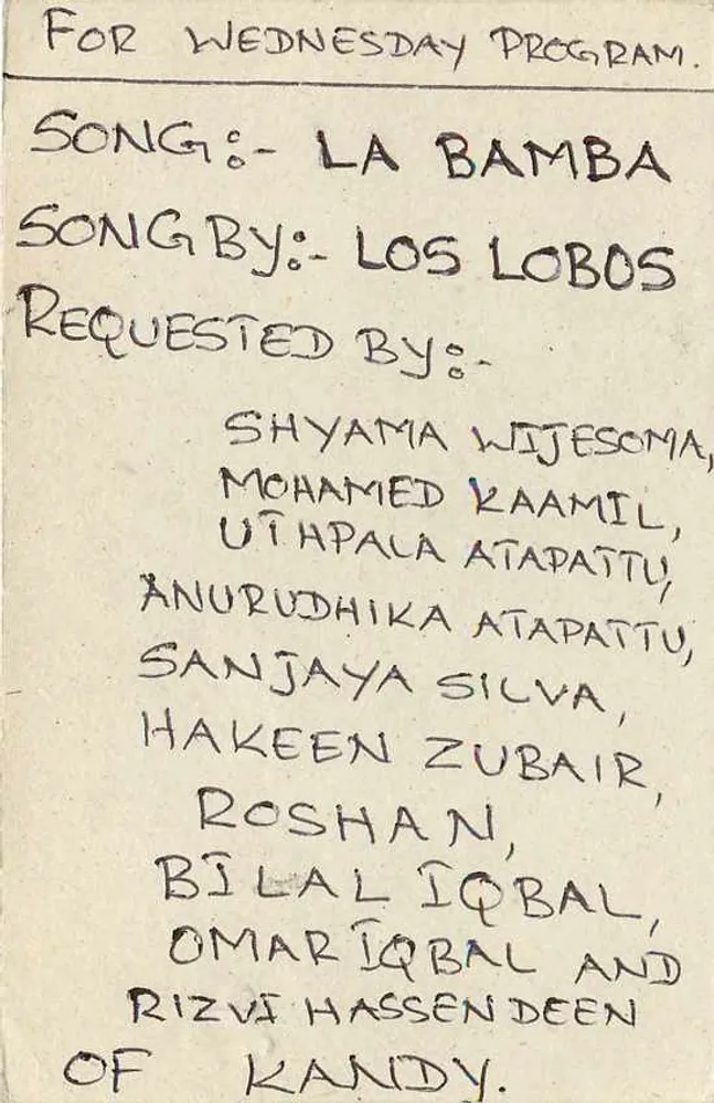 Carta postal do Sri Lanka — solicitação de música para emissão de rádio — editor desconhecido - Verso