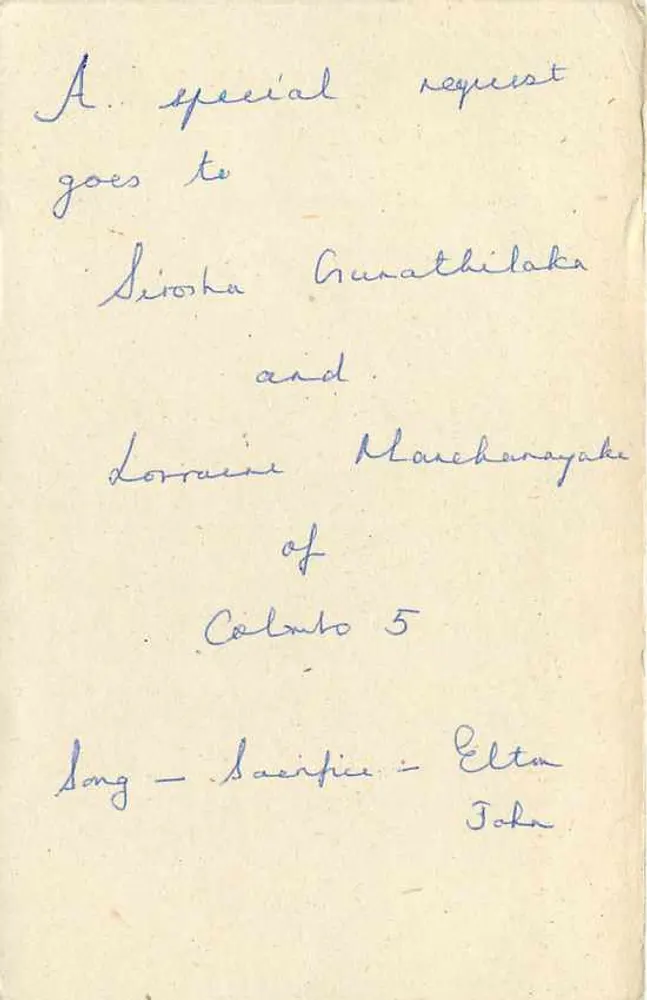 Sri Lanka — Carte postal com solicitação musical — editor desconhecido - Verso