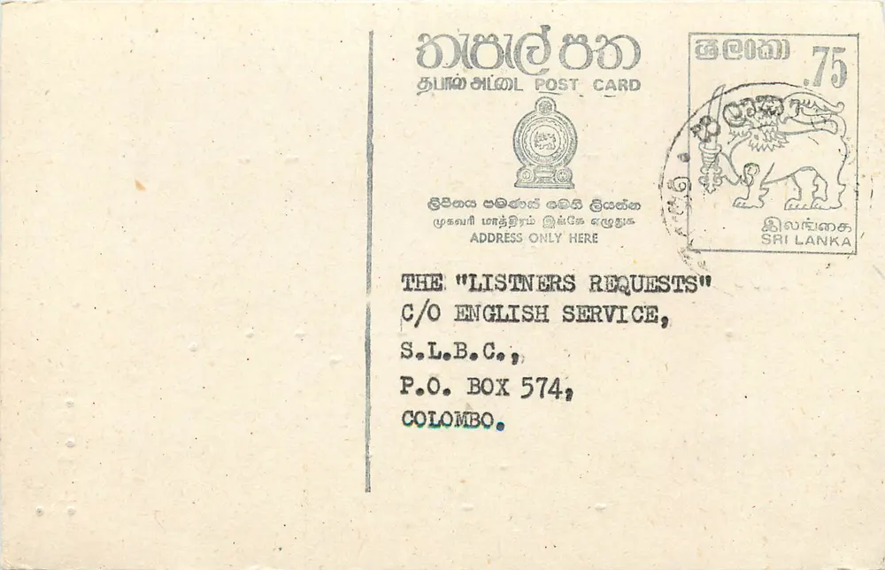 Carta postal Sri Lanka — 'The Listners Requests' — editor S.L.B.C., Colombo - Frente