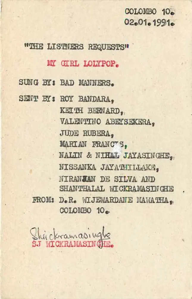 Carta postal Sri Lanka — 'The Listners Requests' — editor S.L.B.C., Colombo - Verso