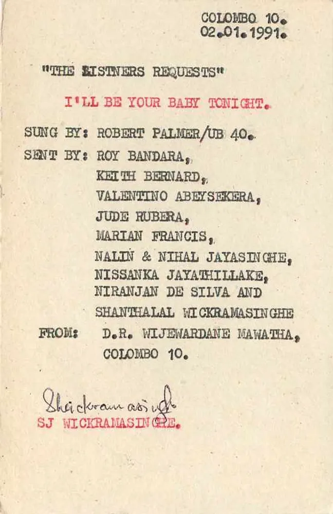 Sri Lanka — Tarjeta postal musical — The 'Listners Requests' — editor S.L.B.C. - Reverso