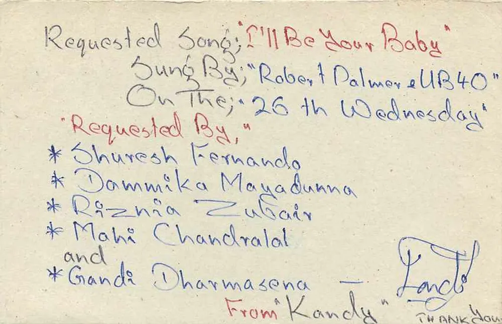Carta postal do Sri Lanka — solicitação de música — editor desconhecido, número de série não visível - Verso