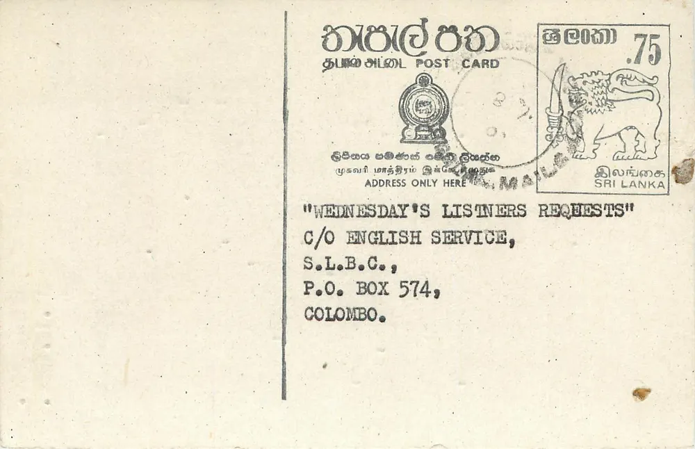 Sri Lanka — 'Wednesday's Listeners Requests' — C/O English Service, S.L.B.C., Colombo - Frente