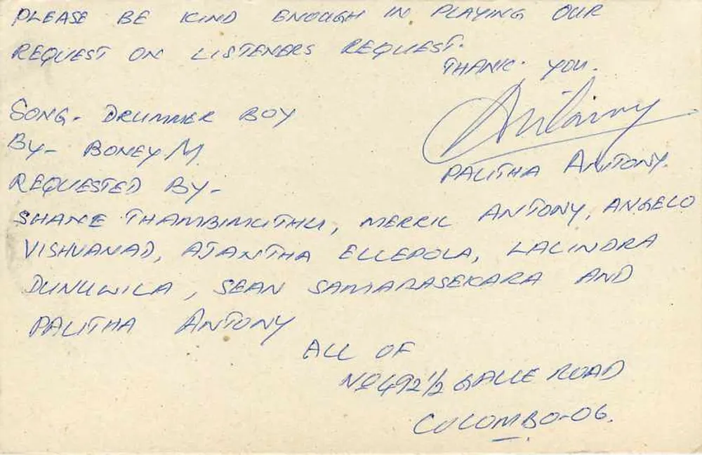 Cartão postal Sri Lanka — pedido de música — editor desconhecido - Verso