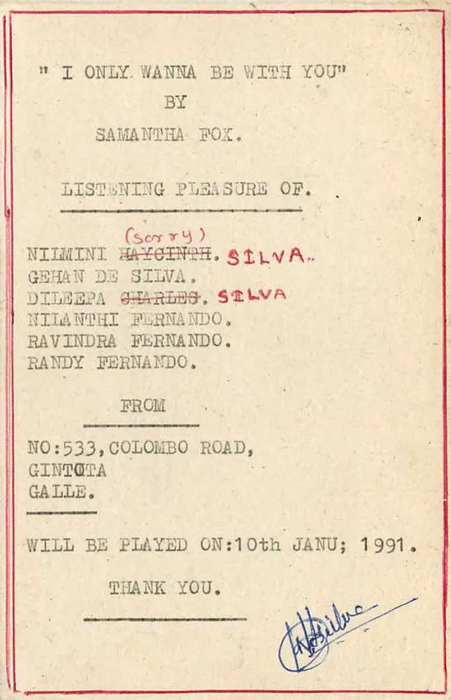 Carta postal do Sri Lanka — 'I Only Wanna Be With You' por Samantha Fox — destinada a S.L.B.C. Colombo - Verso