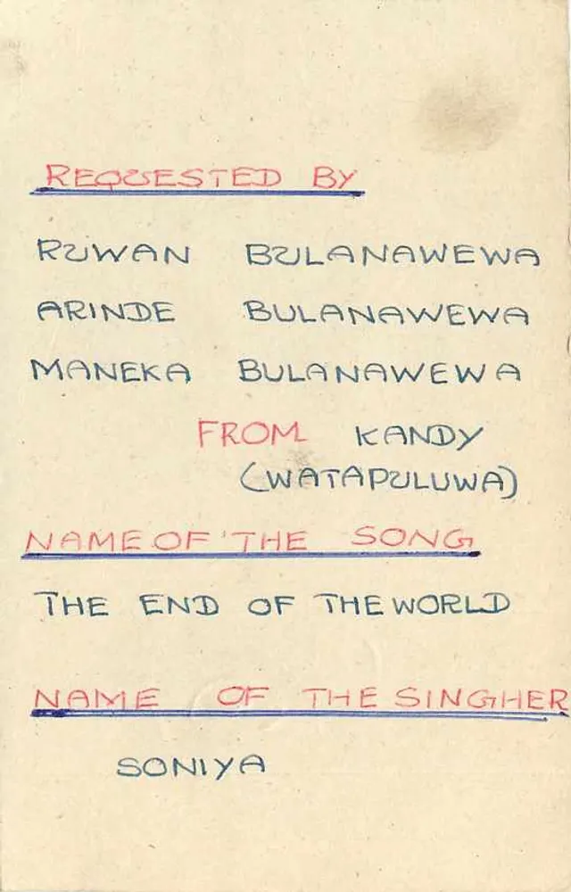 Carta postal Sri Lanka — solicitação de música — editor desconhecido - Verso