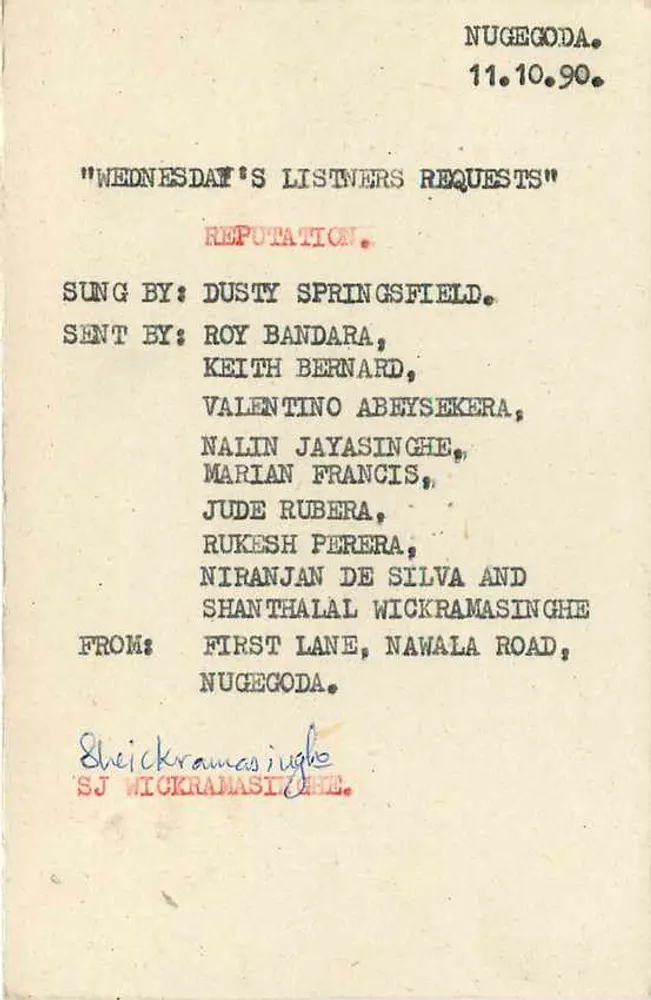 Sri Lanka — Carta postal musical para 'Wednesday's Listeners Requests' — S.L.B.Co., Colombo - Verso