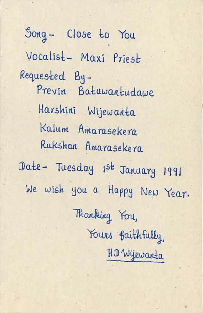 Carta postal Sri Lanka — solicitação de música — editor S.L.B.C. - Verso