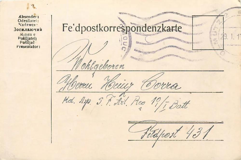 Carta postal alemã — correspondência pessoal — editor desconhecido, número de série não visível - Frente